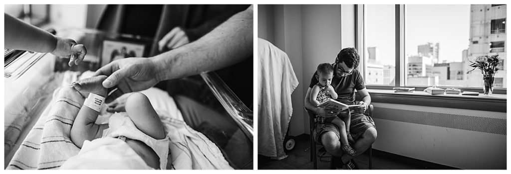 black and white images of a newborn at a boston hospital photo shoot