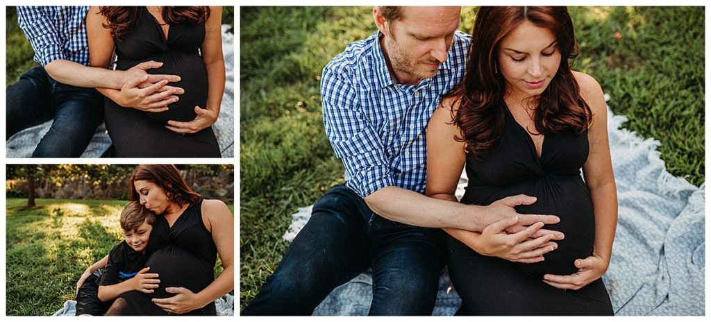 couple snuggles on blanket at maternity photography session in natick