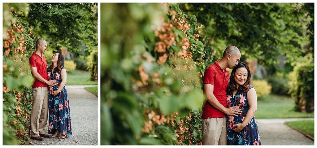 expectant couple snuggle up near ivy wall during maternity photographs at arnold arboretum in boston
