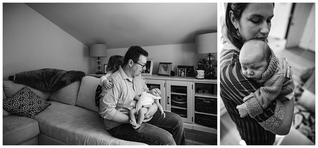 black and white images of parents holding baby girl in their home