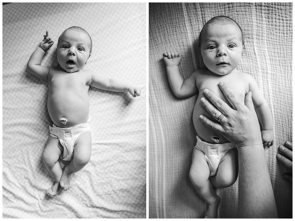 black and white portrait of baby girl in diaper during newborn session in holliston ma