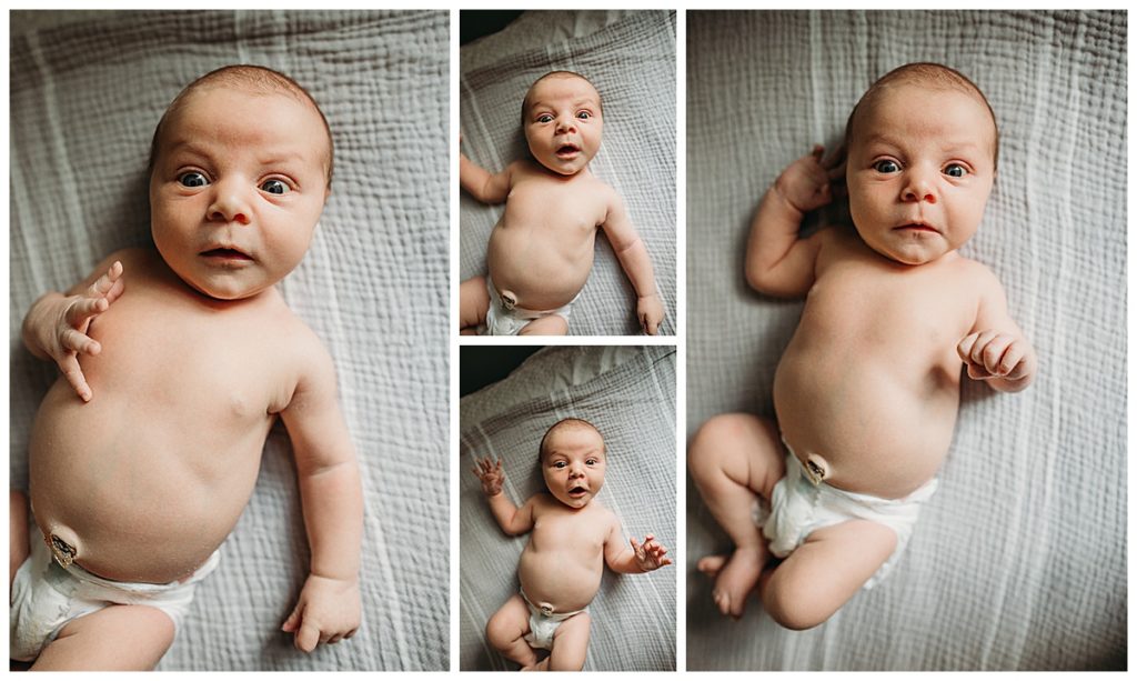 newborn in diaper makes faces at camera during holliston photo session