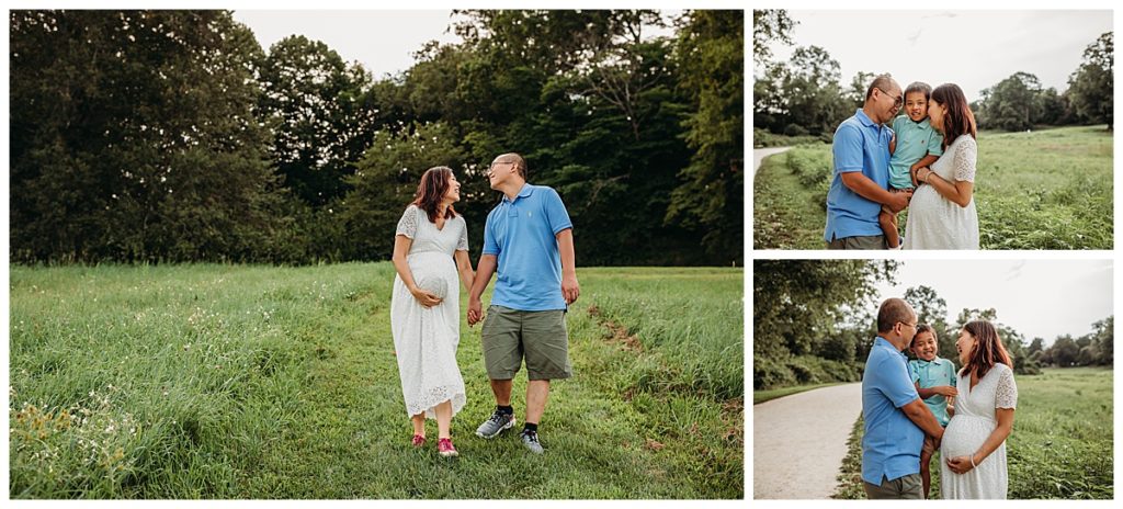 outdoor family maternity pictures in green field in summer