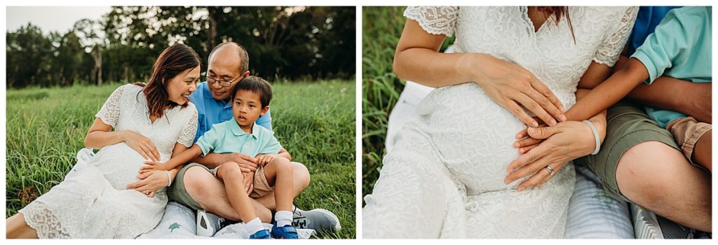 family outdoor maternity session with mom in lace dress 