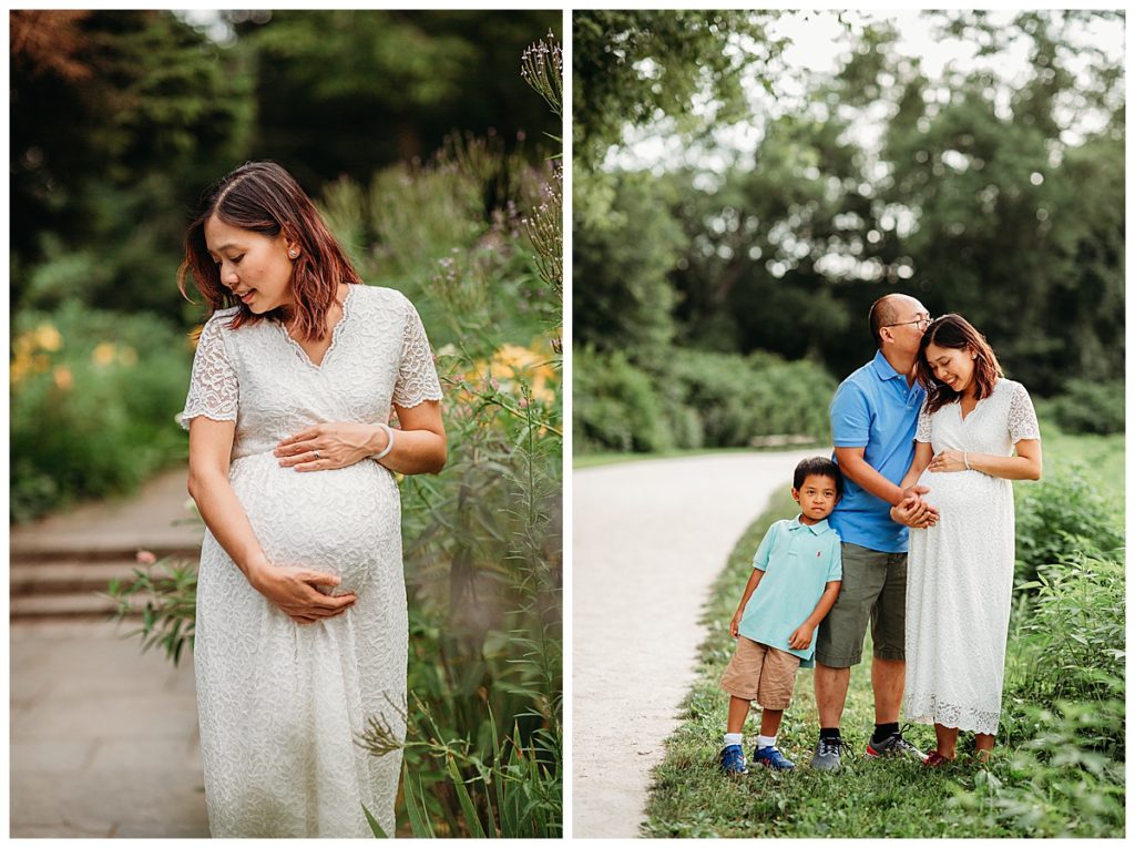 woman in lace dress poses for maternity pictures