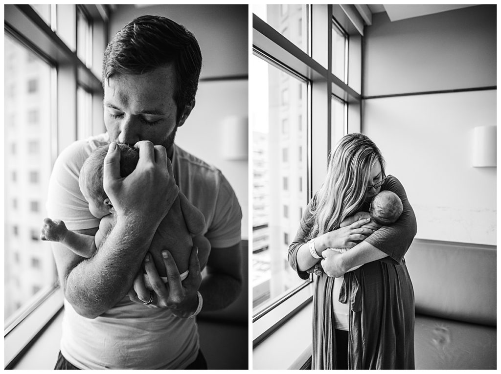 portrait of a new mother and father with their newborn in boston