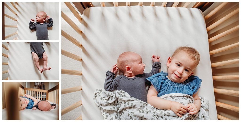 big sister lays with little brother in his crib during framingham newborn photographs