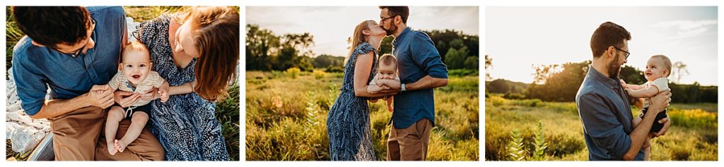 mom and dad play with baby boy in a field during photoshoot