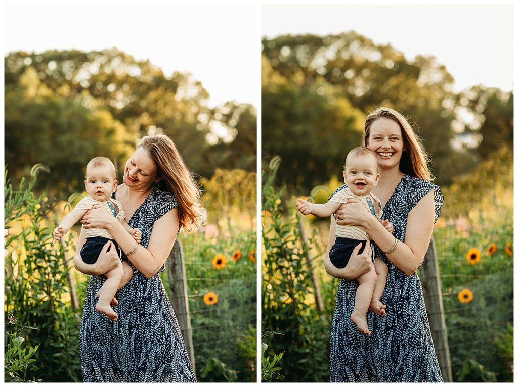 mom and baby boy smile and laugh together among the sunflowers