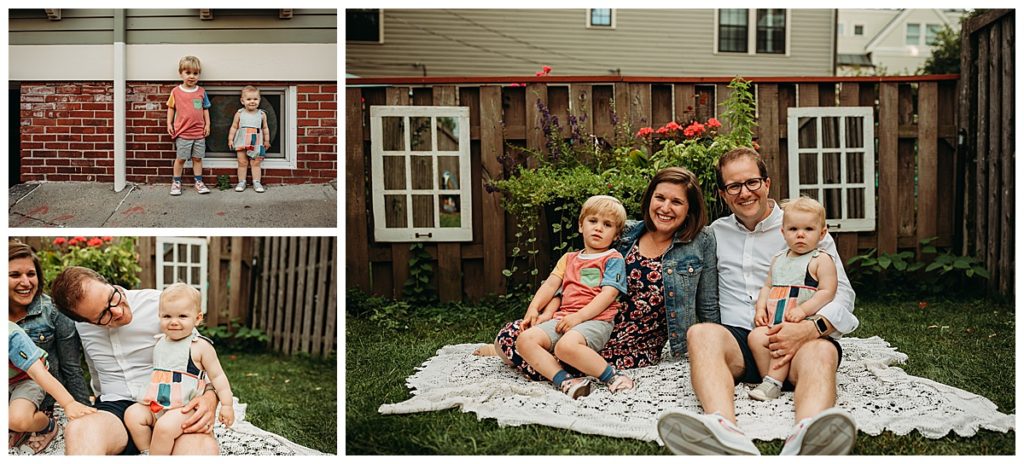 boston family sits in backyard for family photo session