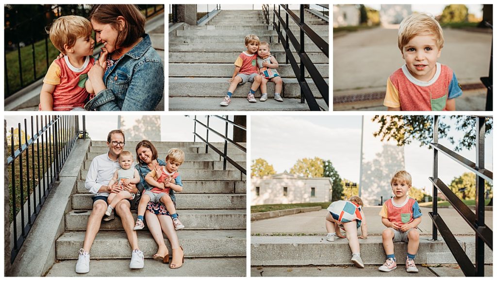 kids climb stairs at a city monument during family session