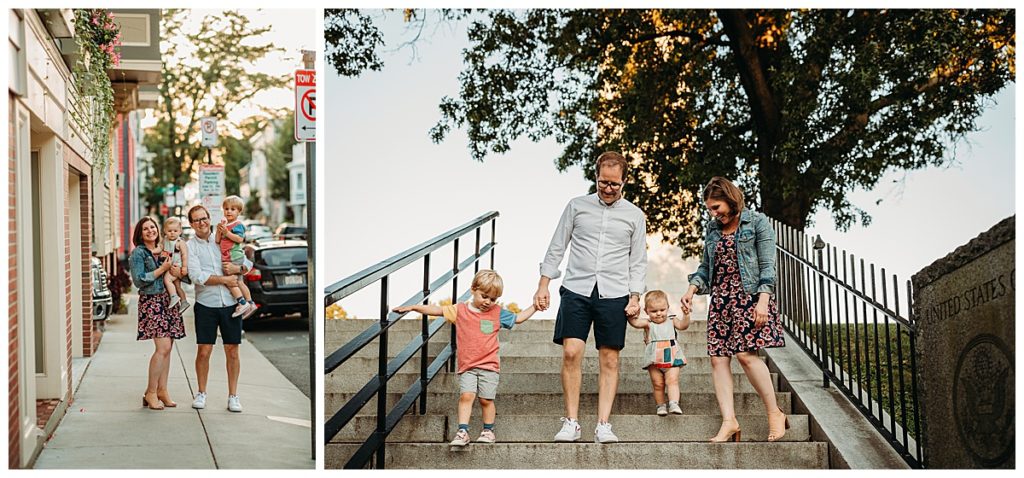 family walks down set of stone steps during family picture session