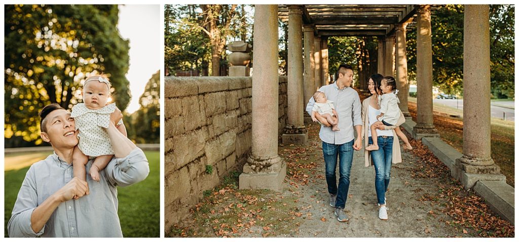 family of four walks hand in hand during photos
