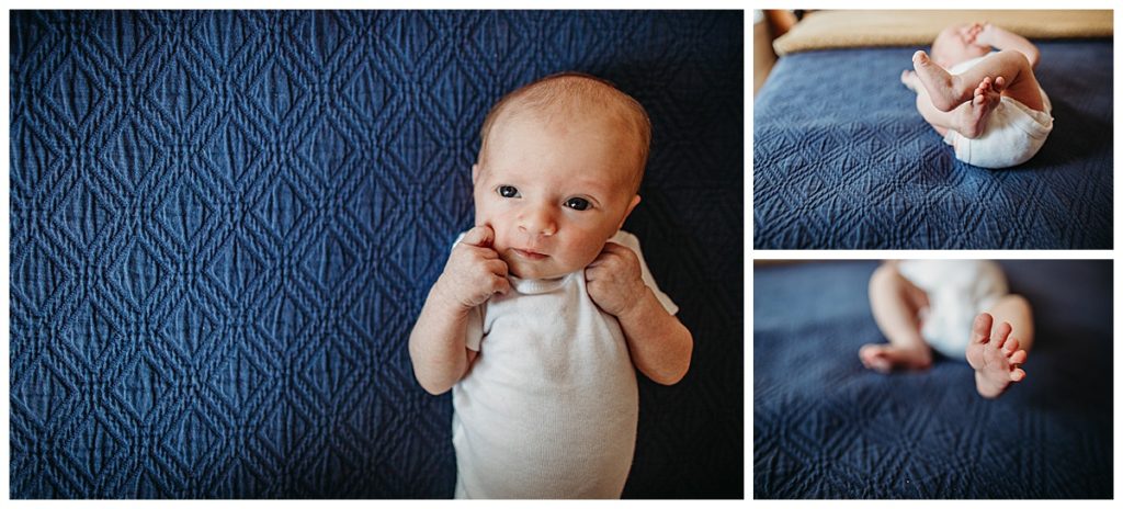 close up portraits of baby on a bed spread