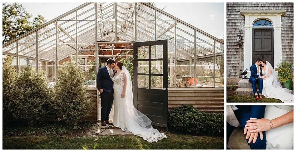 bride and groom in front of greenhouse for portraits