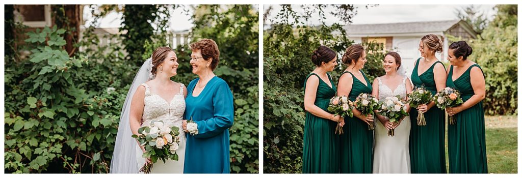 bride and bridesmaids in hunter green dresses