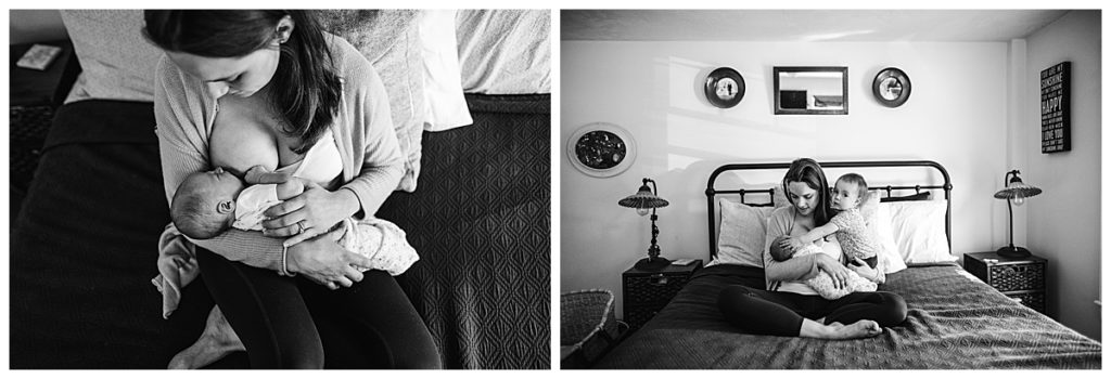 black and white portraits of mother feeding newborn