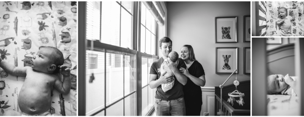black and white images of a family with baby boy