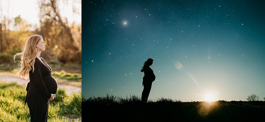 silhouette of pregant woman at sunset with stars