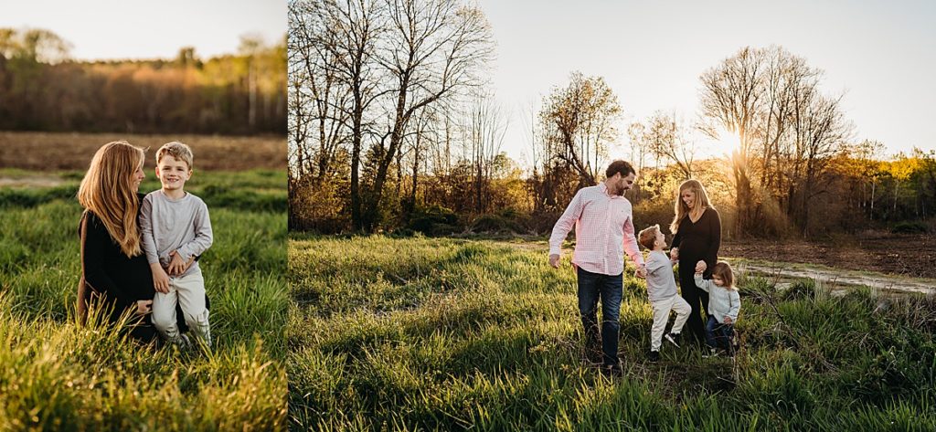 family maternity photographer session outdoors at sunset