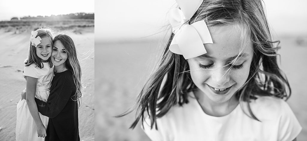 black and white portraits of a girl and her mom on the beach