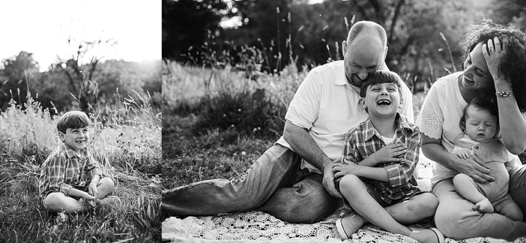 black and white family portraits outdoors with baby