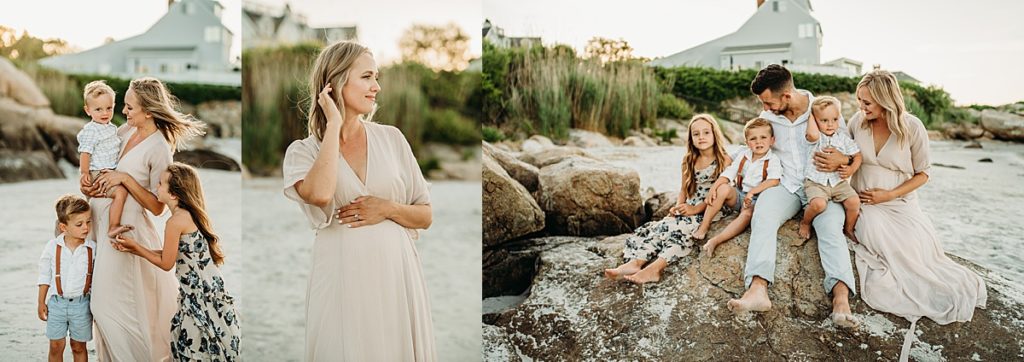 family in blush outfits takes sunset photos