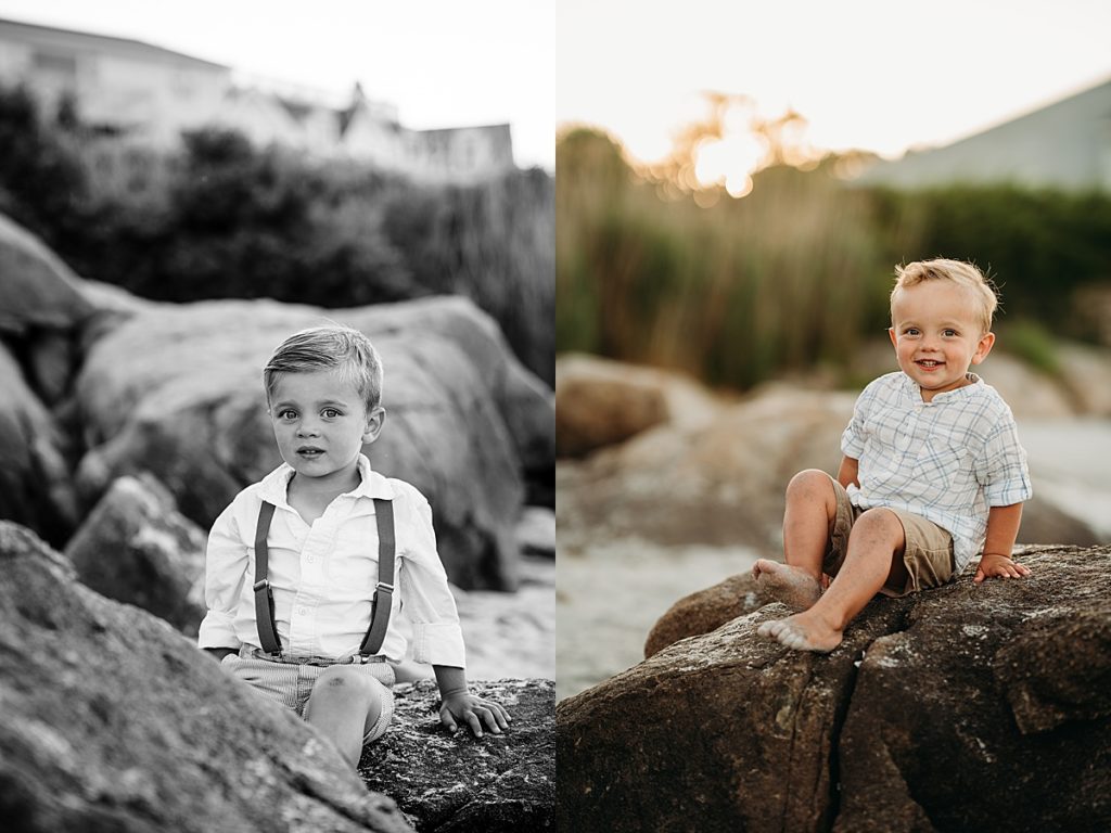 little boys with suspenders on beach