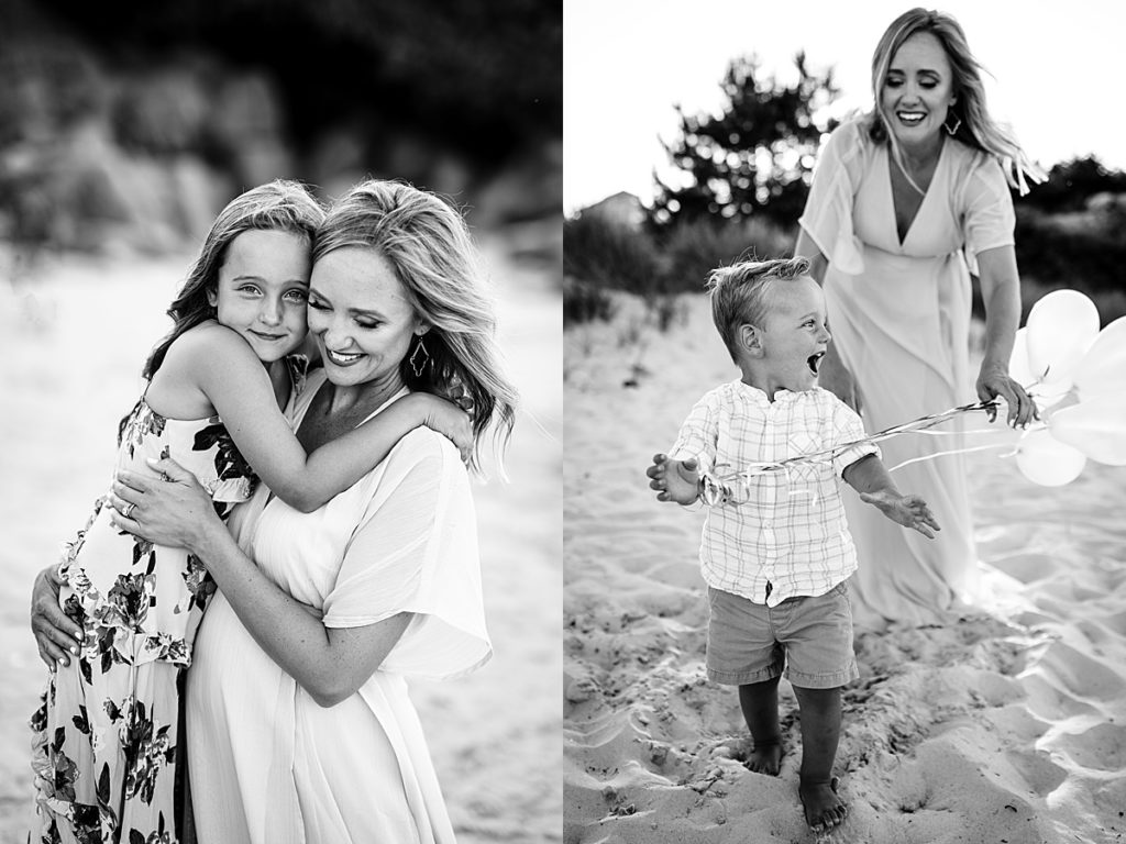 black and white images of mother with children on beach