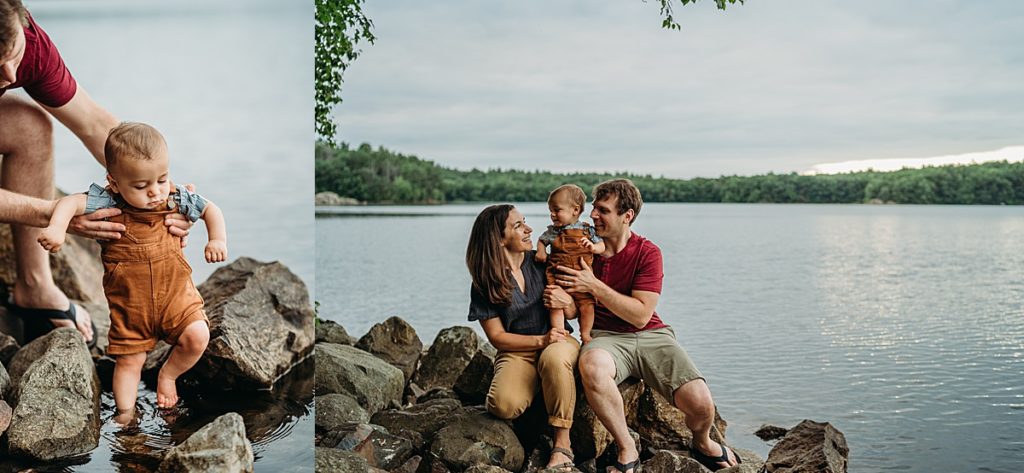 family of three sits beside lake for images
