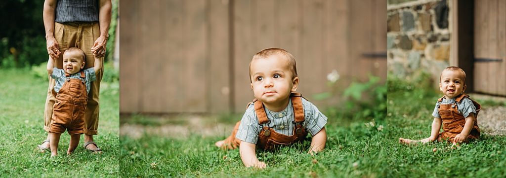 baby boy in overalls smiles at camera