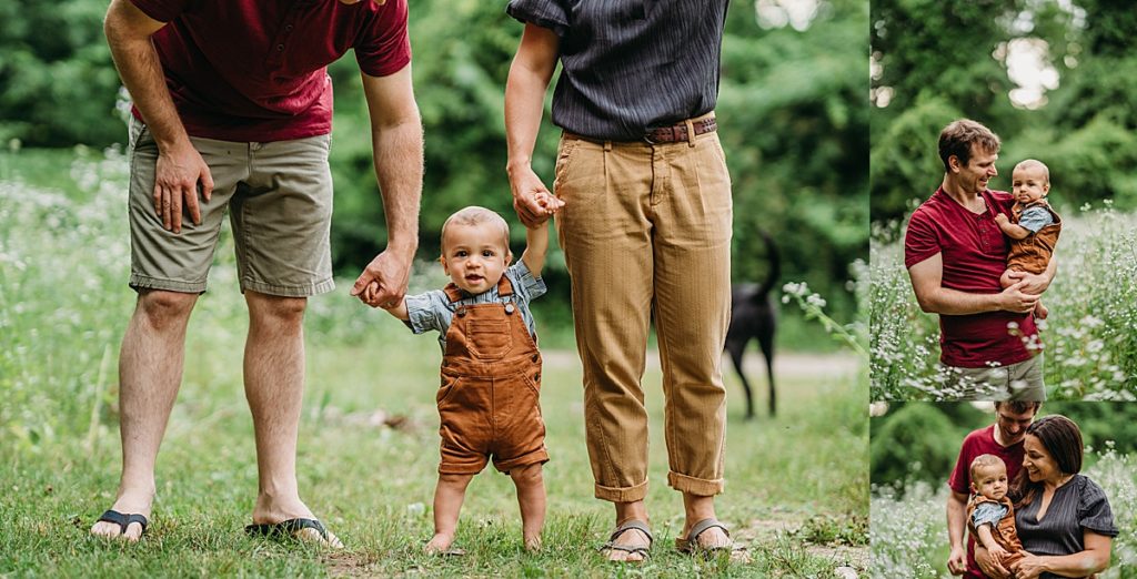little boy in overalls looks at camera during boston family photography session