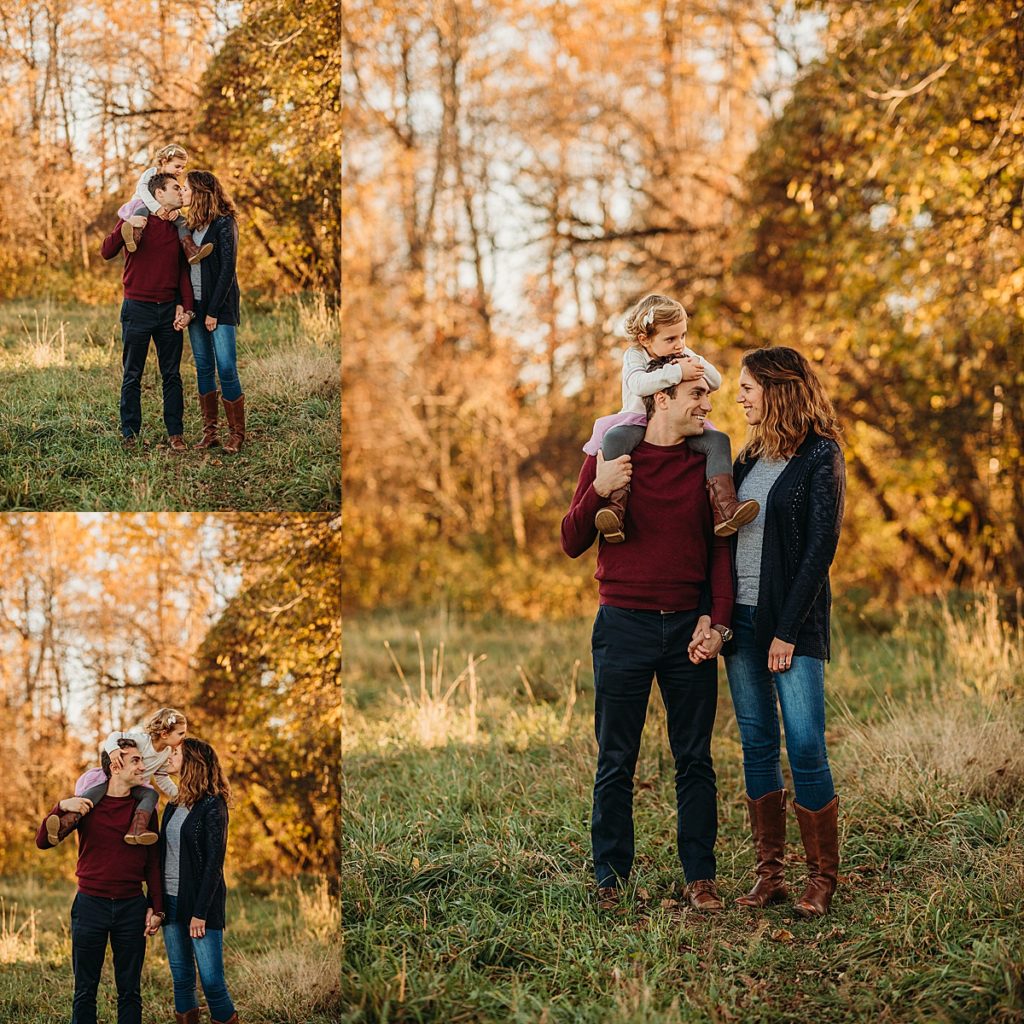 family of three with fall foliage photos
