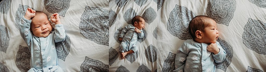 baby boy lays on master bed during newborn pictures in massachusetts