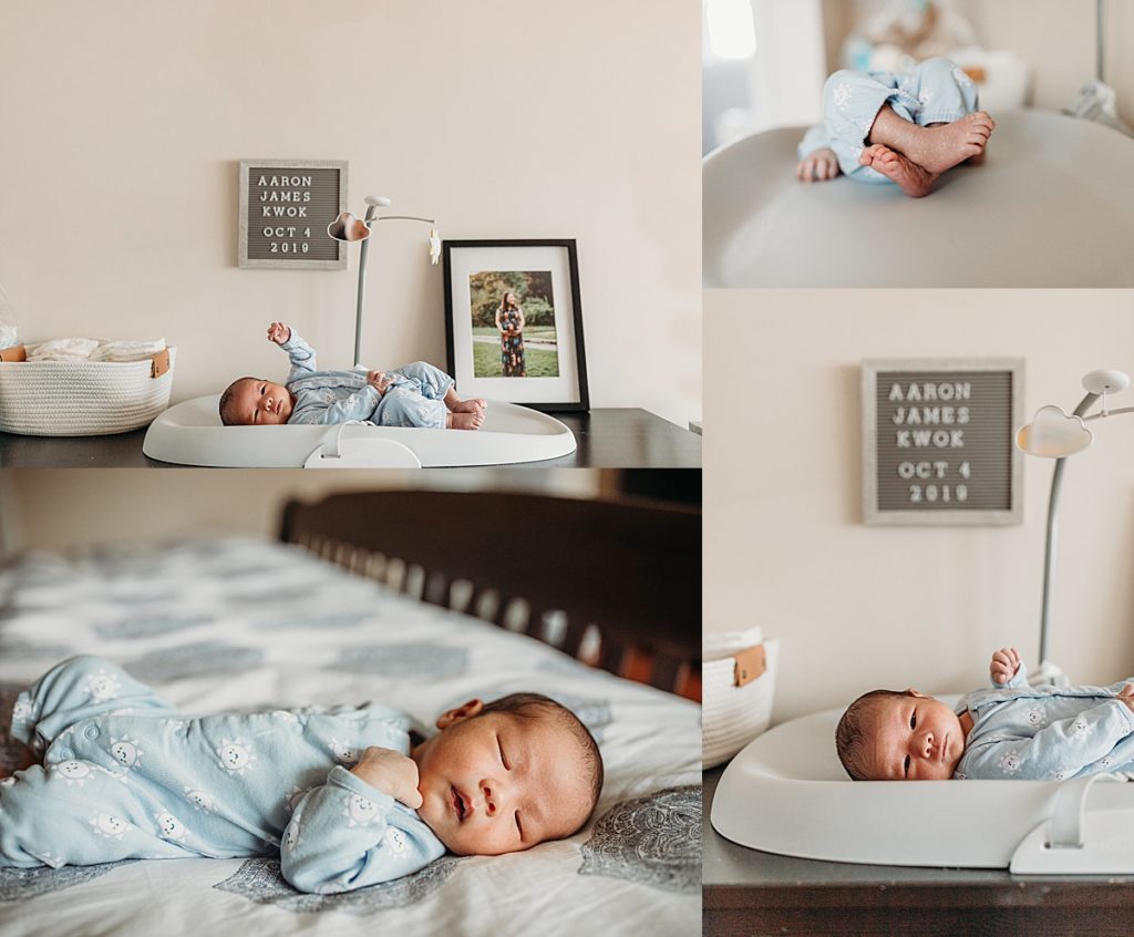 baby on changing table during newborn session in massachusetts