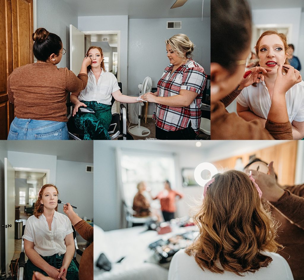 bride gets ready with hair and makeup at apartment