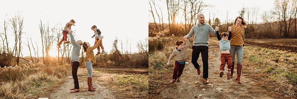 parents throwing kids in air during photo session