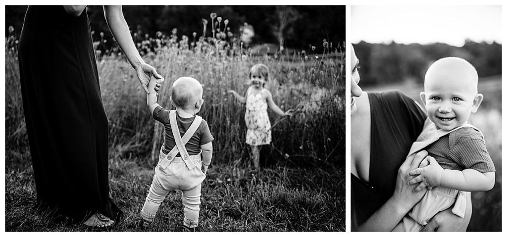 black and white image of toddler boy in overalls