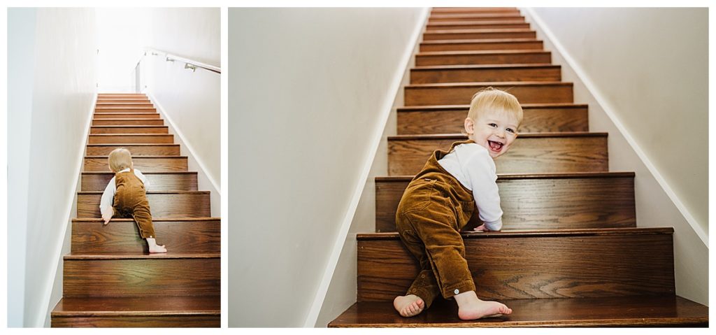 toddler climbs staircase and grins