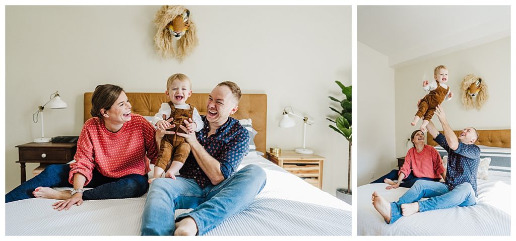 family on bed with toddler during in home photography session