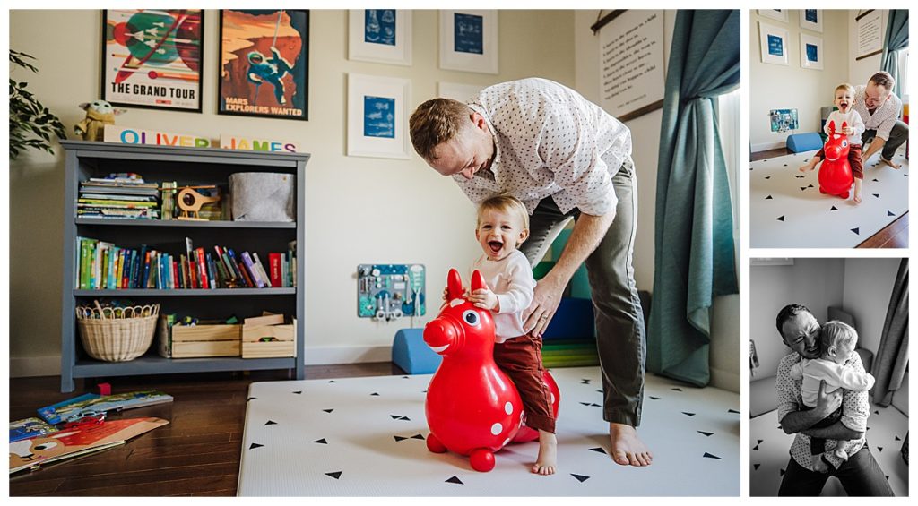 boy rides on a rody toy during family photos