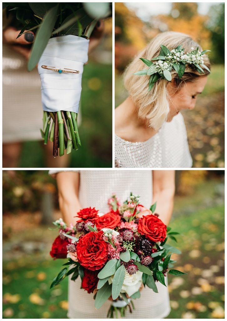 elopement ceremony hairpiece and bouquet details 
