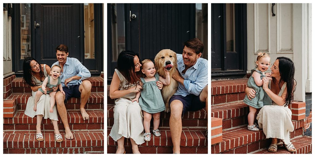 family with dog on front steps