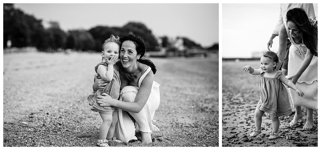 black and white mother and daughter beach images