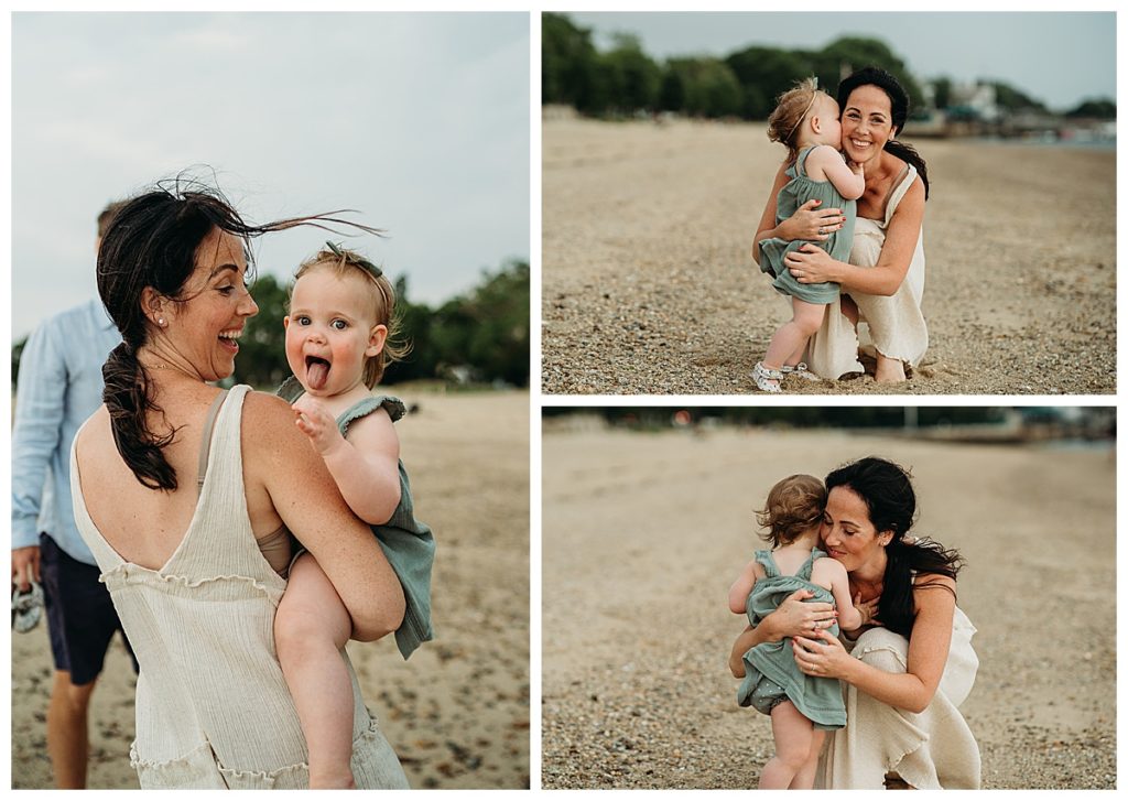 mother and toddler daughter hug during beach family photos