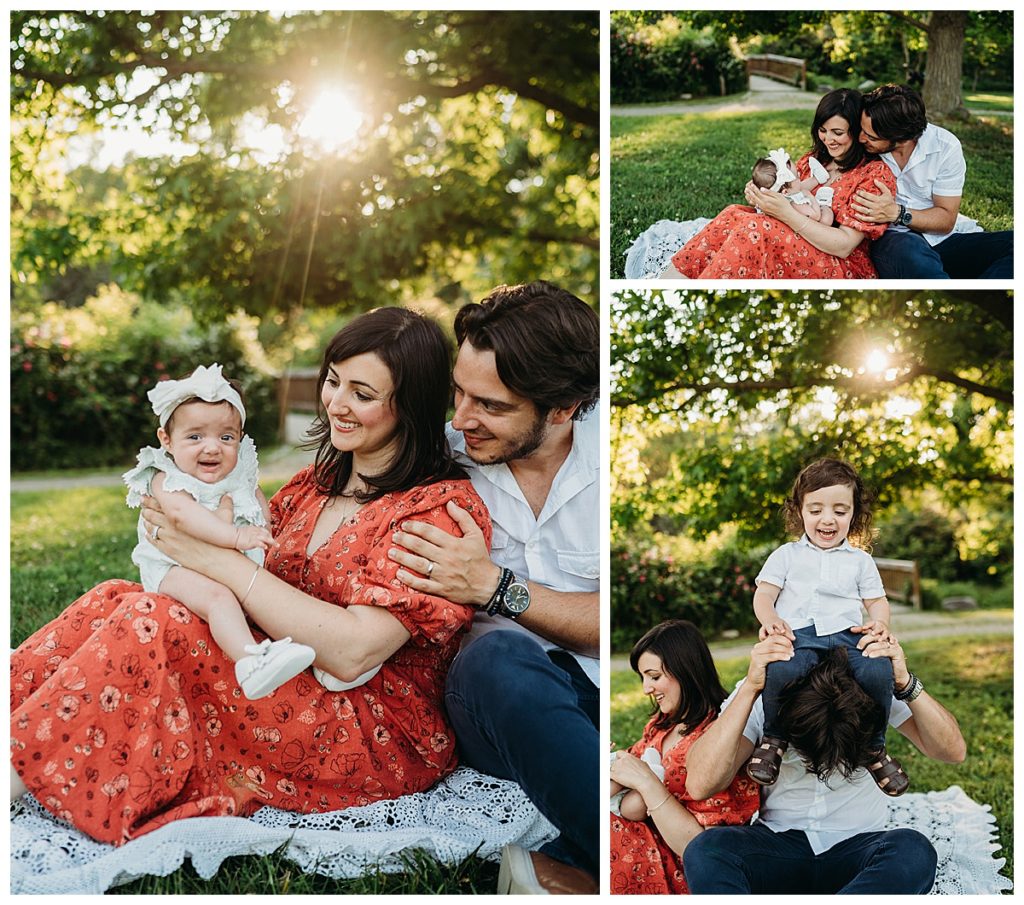 family snuggles and laughs at spring sunset session