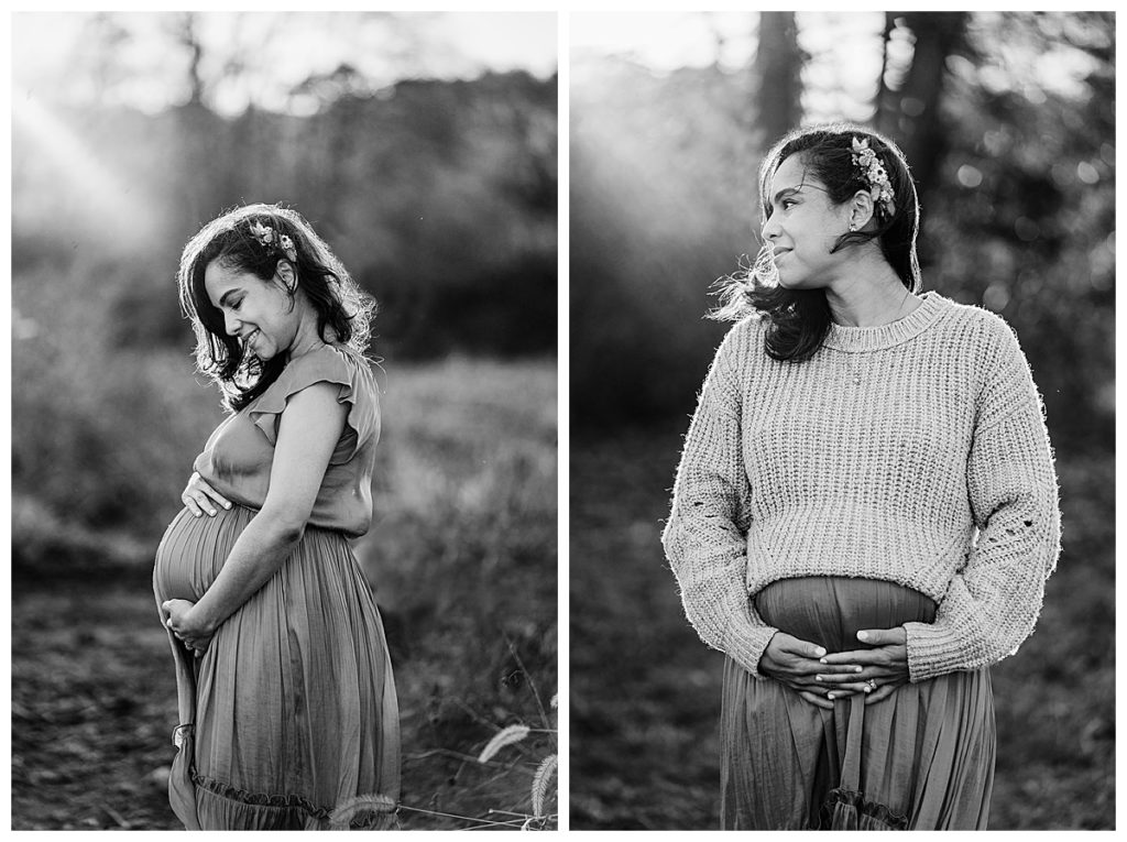 black and white images of pregnant mother outdoors in winter