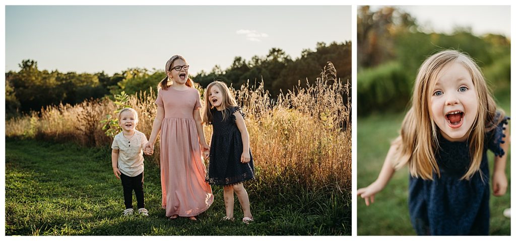kids making silly faces at the camera during boston family session