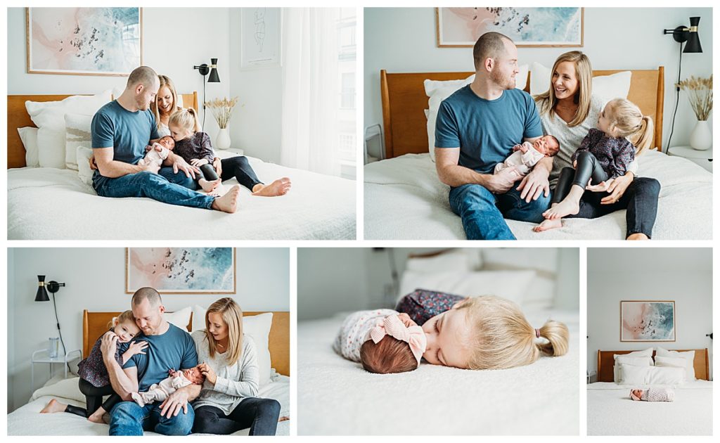 different poses of a family on a bed with newborn baby girl