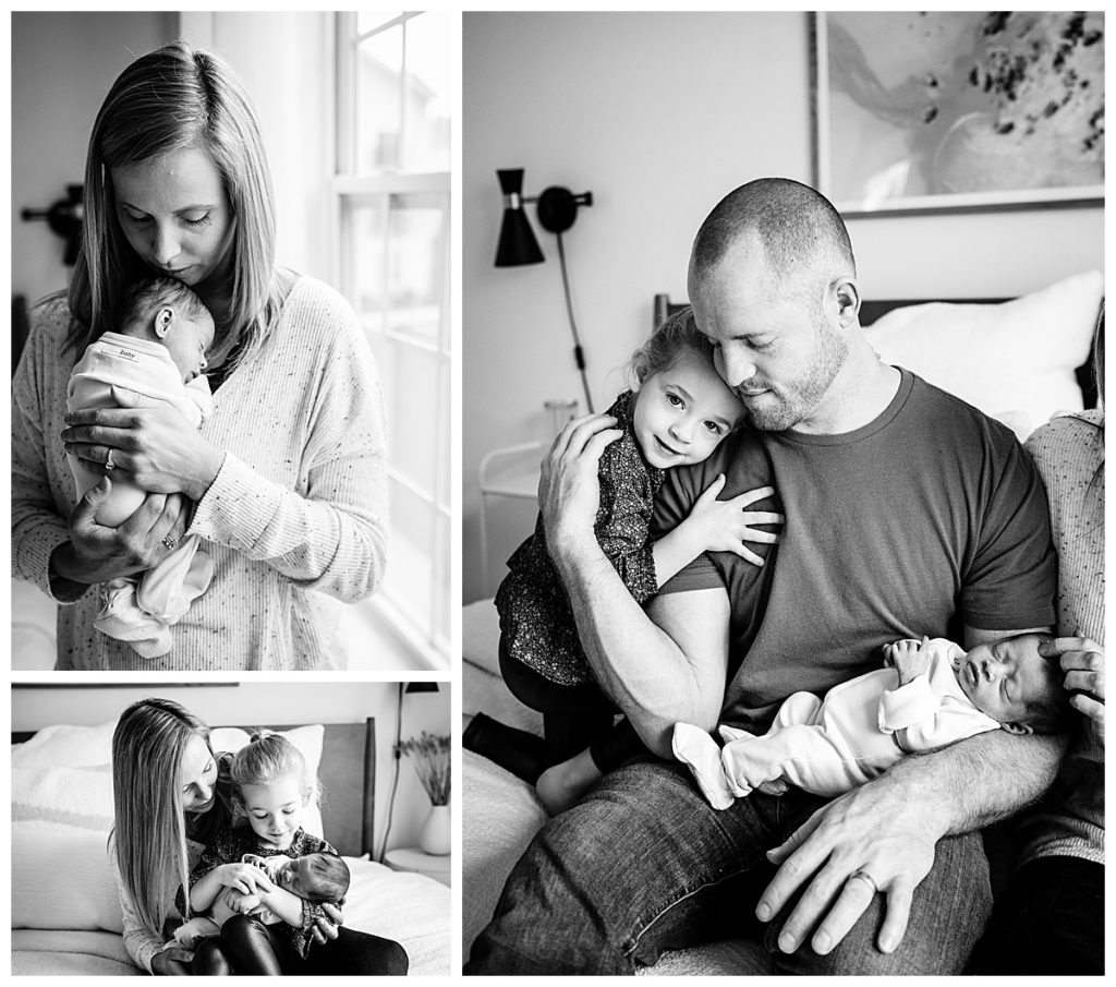 black and white images of a family during lifestyle newborn session
